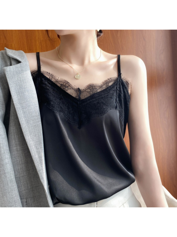 CeenBulled性感V领蕾丝拼接吊带背心女内搭桑蚕丝打底小背心夏外穿缎面性感