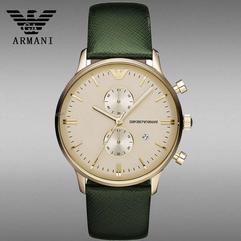 阿玛尼ARMANI 简约时尚皮带男表 圆形石英多功能计时男士腕表
