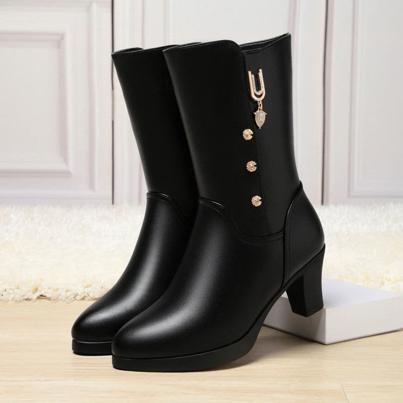 中筒靴子冬季新款舒适软底高跟女靴子加绒保暖中老年女士棉靴皮鞋图片