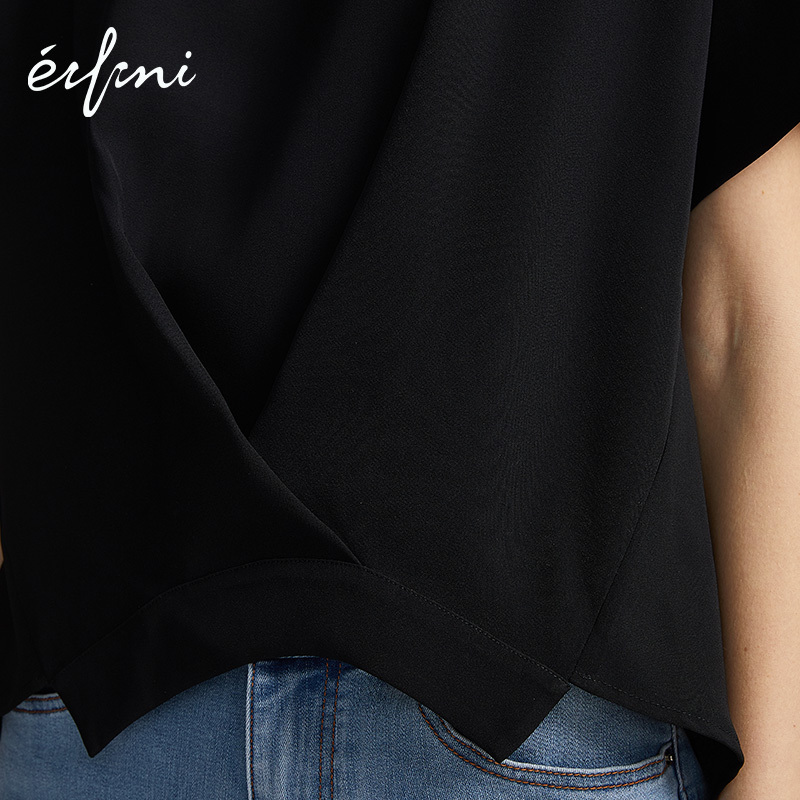 伊芙丽雪纺衫2019新款秋装韩版黑色宽松短袖荷叶边雪纺小上衣女