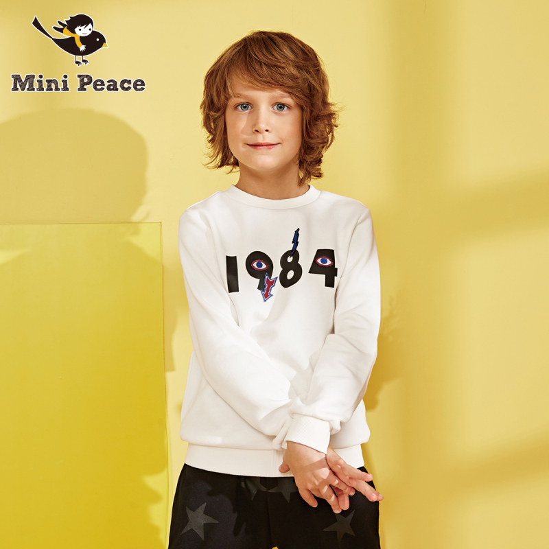 minipeace太平鸟童装男童卫衣白色圆领套头儿童外套春装新款