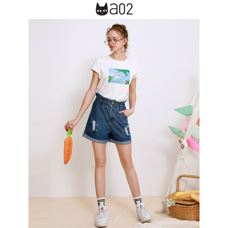 a02新款2020时尚个性印花上衣女夏潮绑带短袖T恤女D1U5A0561KT