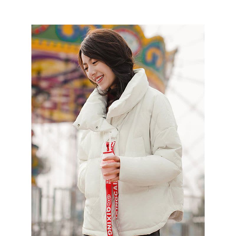 茵曼2018春装新款翻领短款白鸭绒短款保暖防寒羽绒服女图片