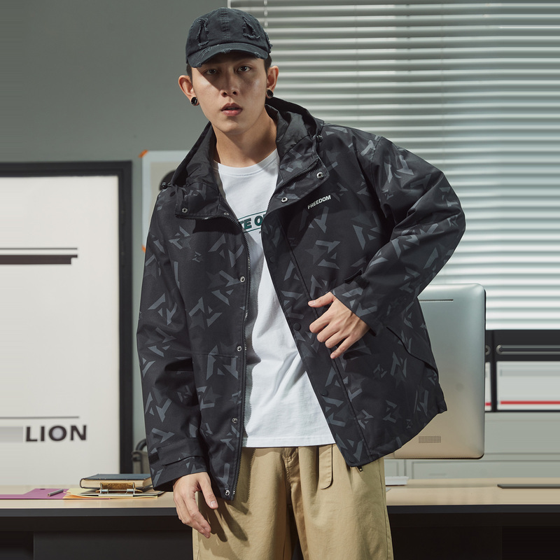 唐狮2021春季新款男外套时尚男士印花连帽夹克百搭潮流休闲男装
