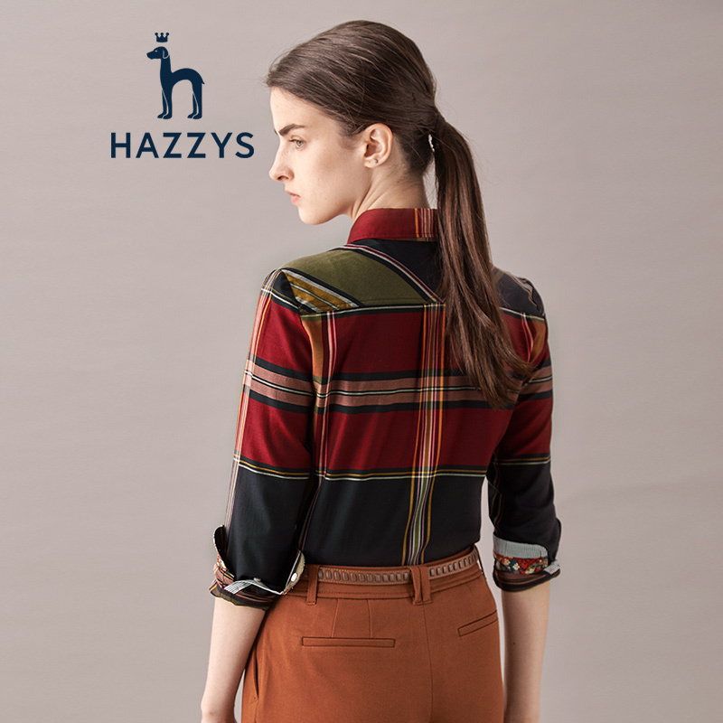 哈吉斯HAZZYS 秋冬 衬衫女百搭格纹英伦长袖衬衫