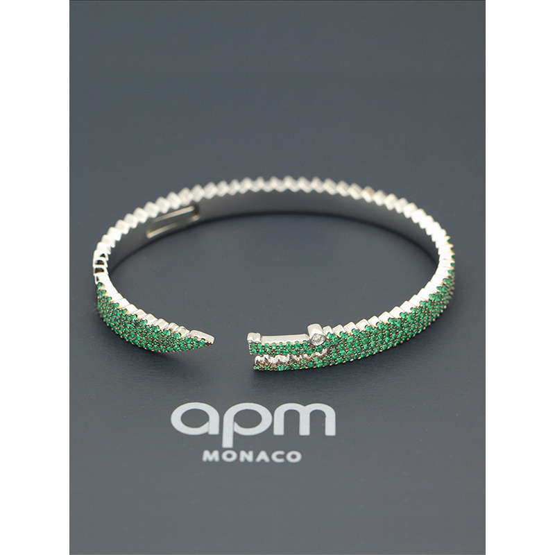 apmmonaco镶绿晶钻小鳄鱼造型开口925银手镯腕饰时尚高端宴会手环女士