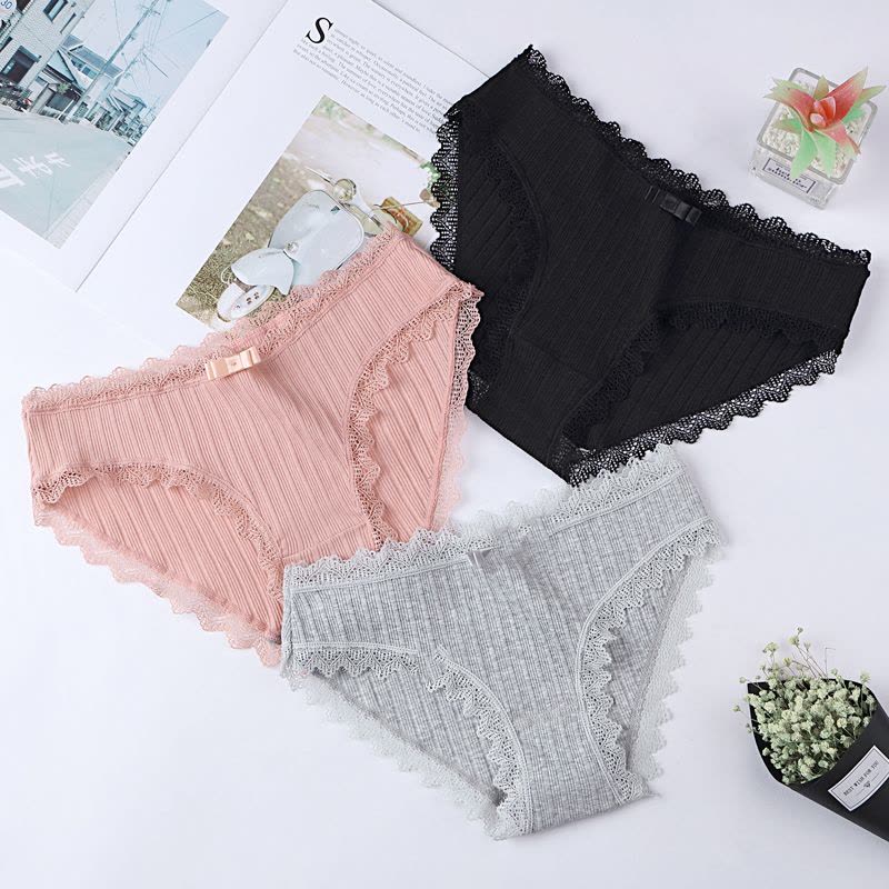 初愫3条装日系蕾丝纯棉女中腰内裤图片