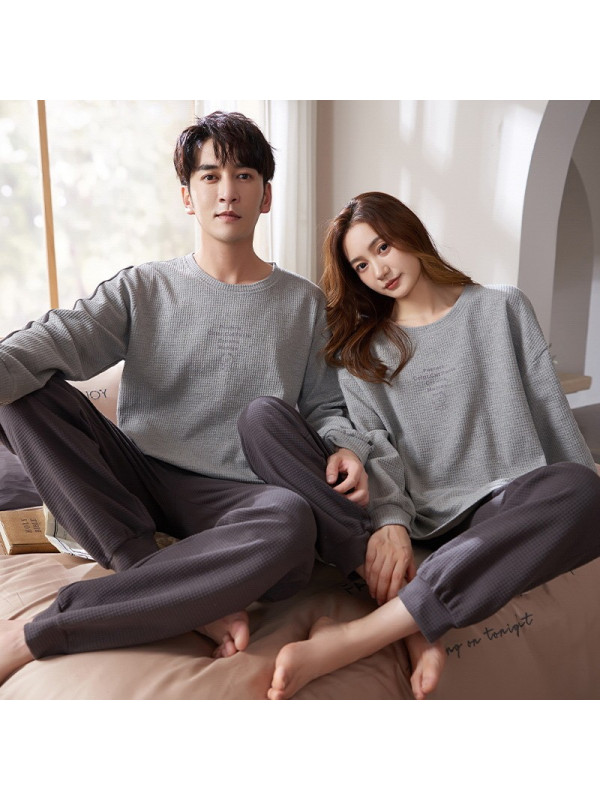 可外穿情侣睡衣棉质长袖男女士韩版卡通可爱华夫格家居服套装