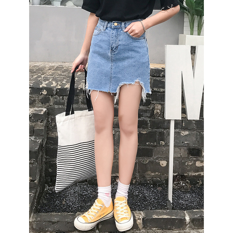 天淳尔女装夏季无弹不规则破洞流苏牛仔短裙2018YC-333