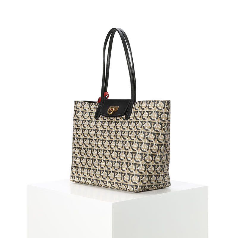预订FERRAGAMO GANCINI 购物袋 TOTE 老花款 单肩包21I012 织物\牛皮革图片