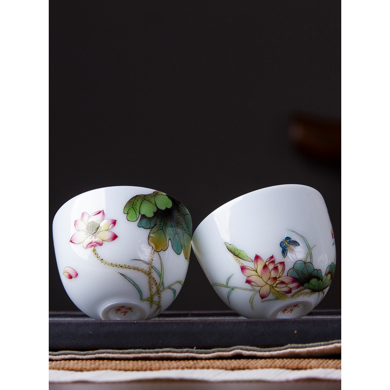 功夫茶杯景德镇陶瓷品茗杯手绘粉彩手工胎茶具荷韵小茶杯拍下备注花色