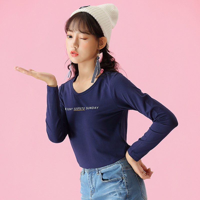 潮流前线2019春装长袖T恤女韩版圆领短款修身女士打底衫上衣百搭配饰