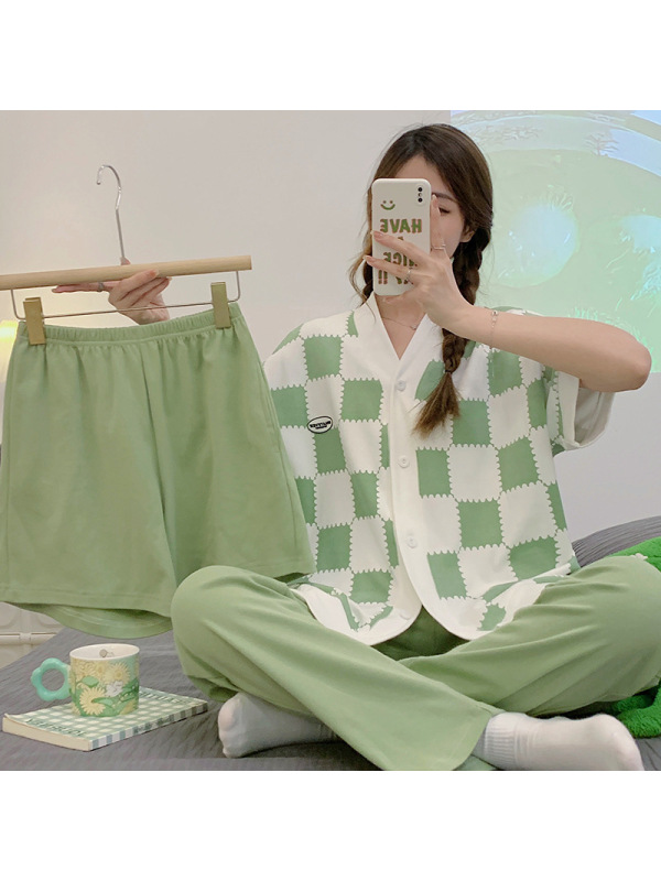 春秋季睡衣女棉质翻领短袖三件套卡通可爱少女感家居服大码可外穿
