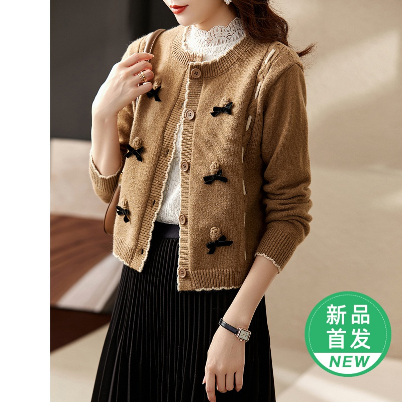 [休闲慵懒外套]秋冬减龄毛衣时尚圆领长袖上衣通勤女士开衫