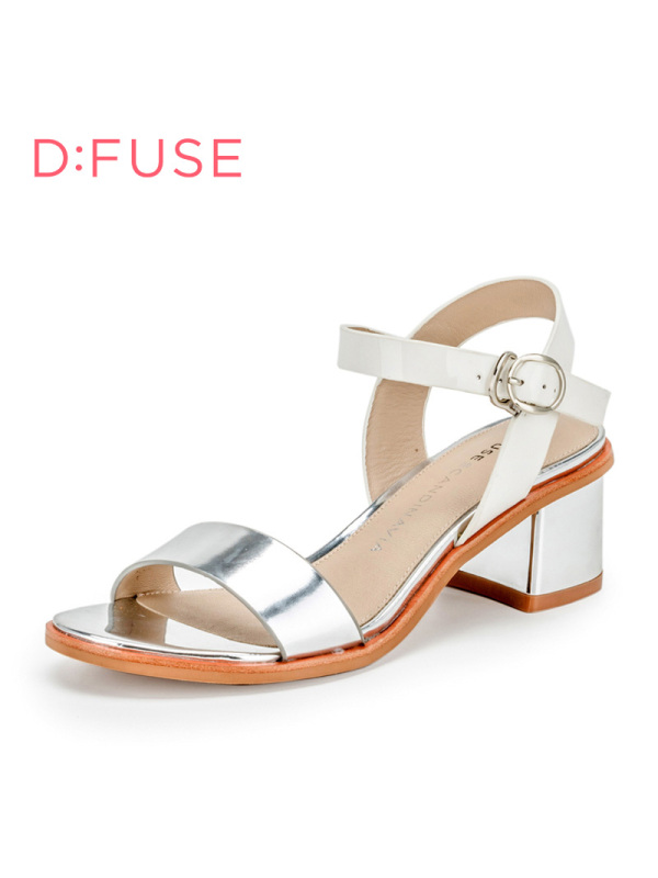 D：Fuse/迪芙斯牛漆皮露趾粗跟色拼接舒适女鞋凉鞋DF62111103