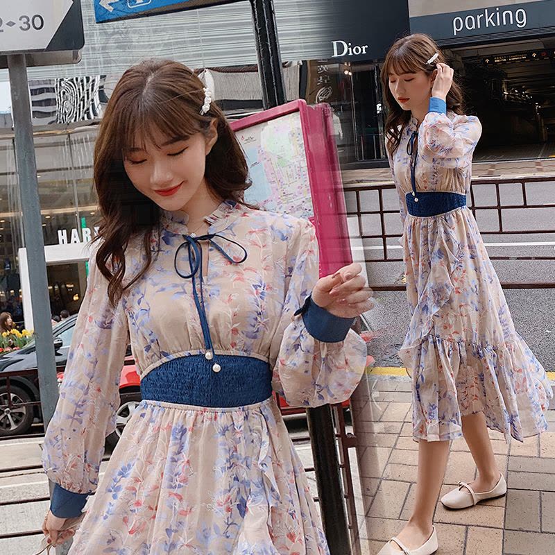 【COMEACROSS】2019年春季时尚潮流舒适简约个性拼色长袖中长款连衣裙图片