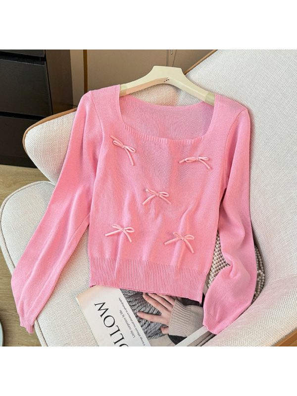 秋季新款设计感打底衫甜辣上衣韩版小香风蝴蝶结长袖针织衫ins潮