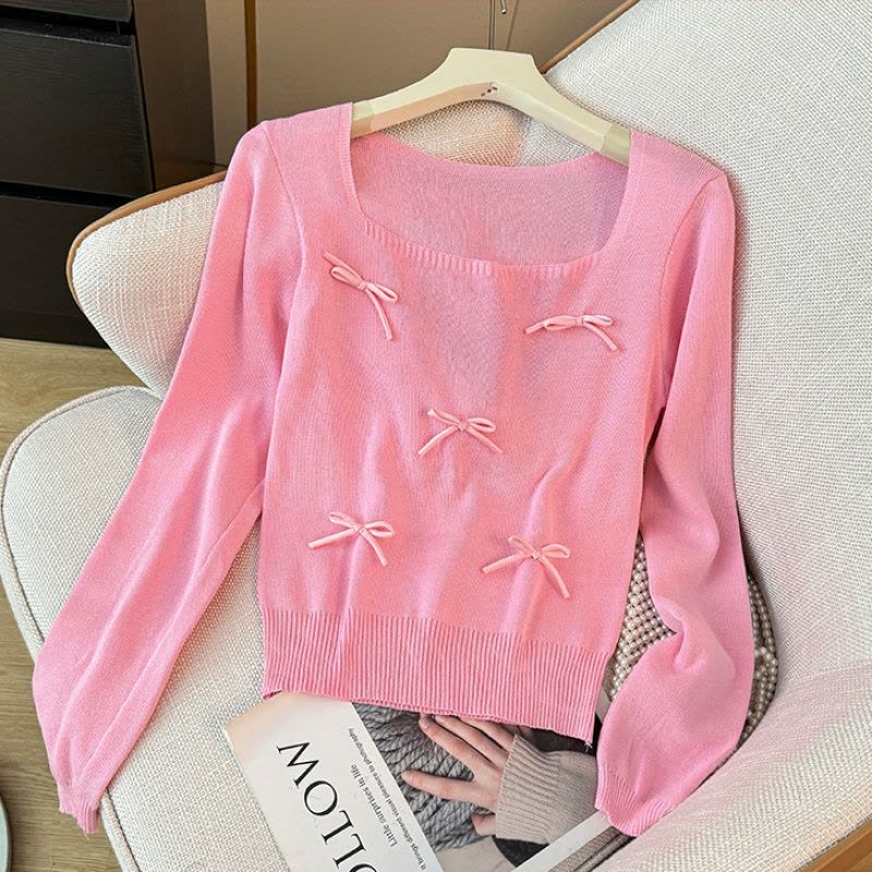 秋季新款设计感打底衫甜辣上衣韩版小香风蝴蝶结长袖针织衫ins潮图片