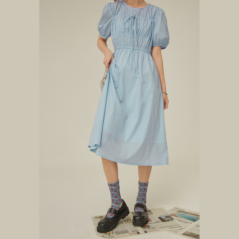 OtherMix褶皱蝴蝶结连衣裙2021年早秋新款纯色收腰泡泡短袖裙子女