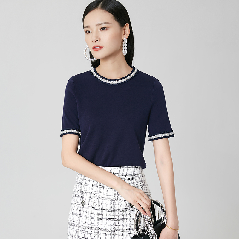 晚白2020秋冬新品名媛淑女圆领短袖休闲纯色内搭打底衫针织衫女