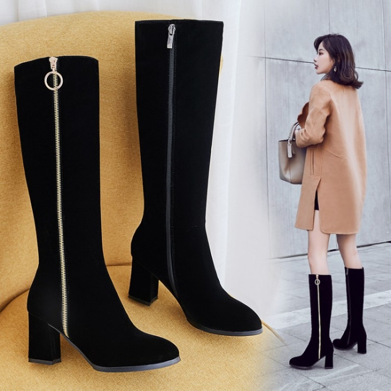 格瑞迪欧2018冬季女靴粗跟高筒骑士靴高跟侧拉链长靴机车靴女加绒不