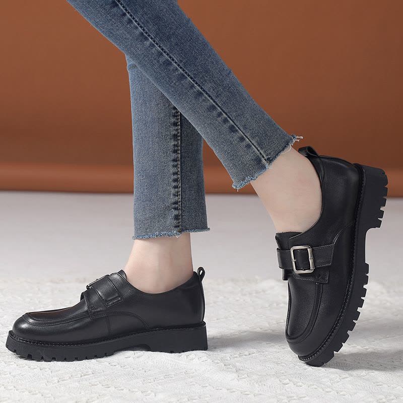 真皮英伦风小皮鞋女2025春新款厚底软底小码复古百搭皮带扣乐福鞋图片