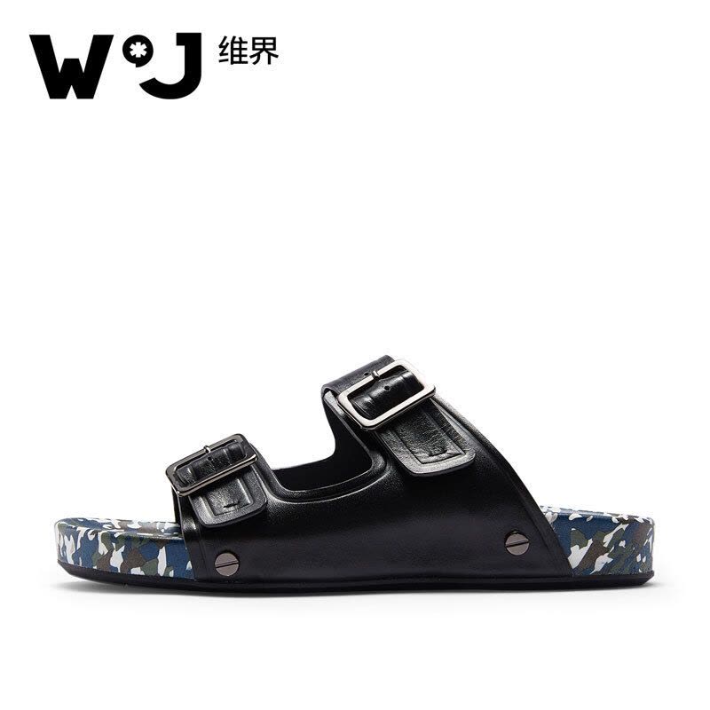 维界金属搭扣牛皮凉拖鞋 黑色 41图片