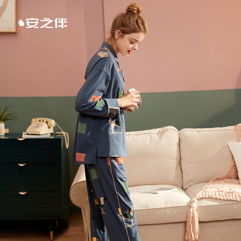 安之伴睡衣女春季长袖韩版卡通开衫套装全棉可外穿女士家居服套装