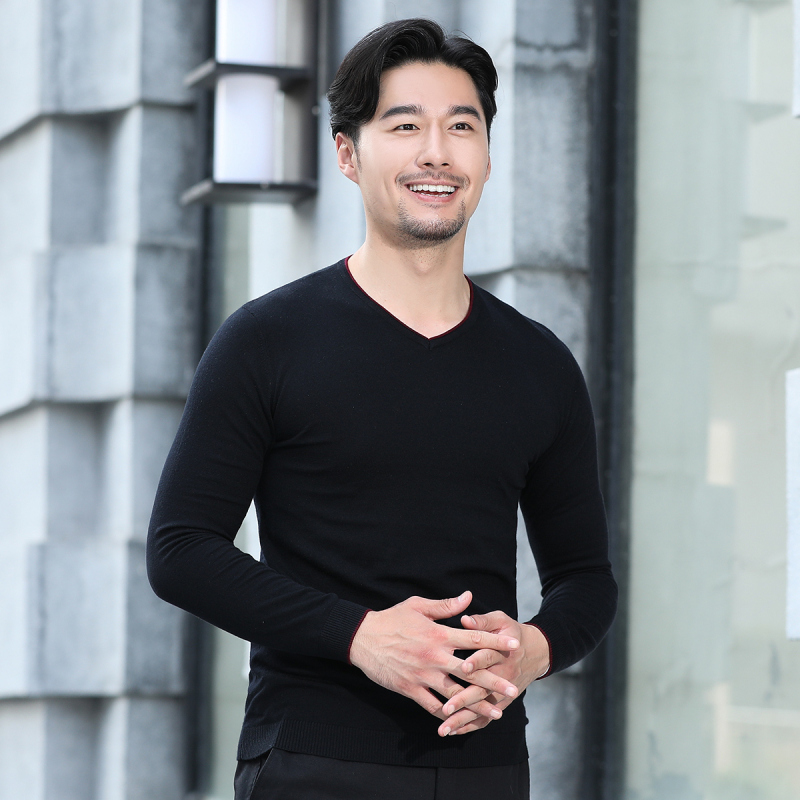 雅鹿男装秋冬新款V领男士针织衫微弹长袖毛衣打底衫S31EQMA0819