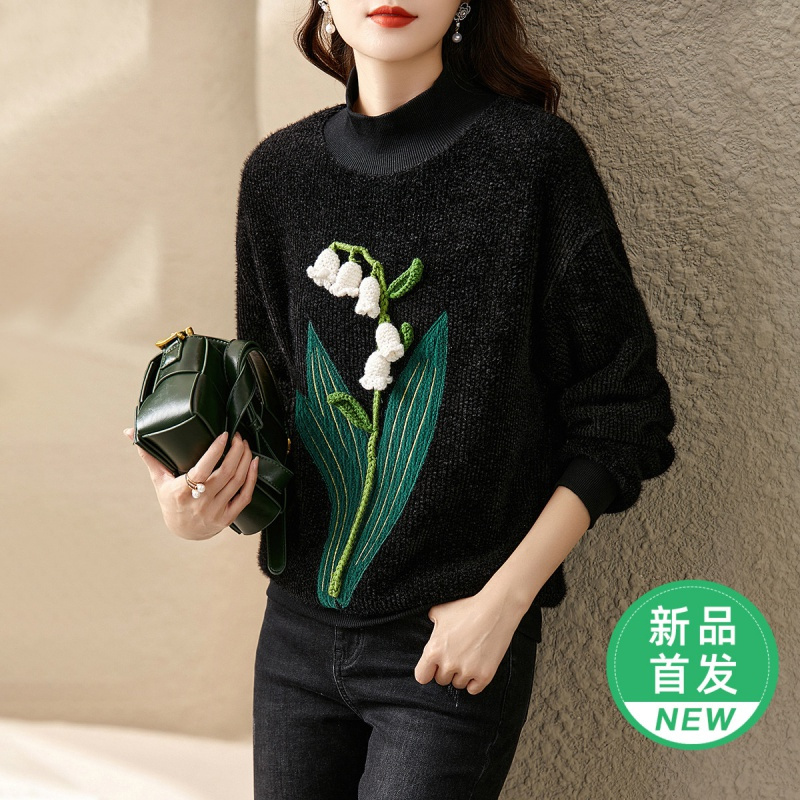OUNIXUE欧昵雪 | 卫衣女秋冬季时尚半高领拼接花卉贴布长袖设计感直筒百搭上衣