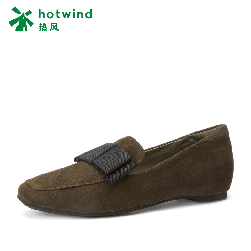 热风hotwind新款百搭小清新女士方头蝴蝶结平底鞋中口单鞋H02W7329
