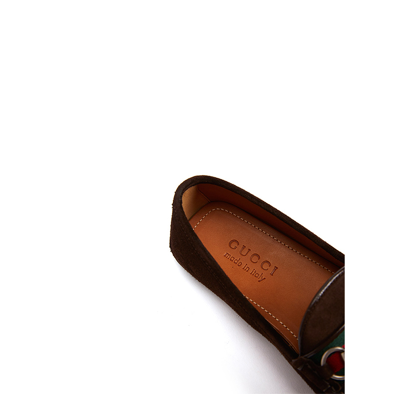 Gucci/古驰 饰条纹织带和马衔扣皮革驾车鞋 棕色 450892