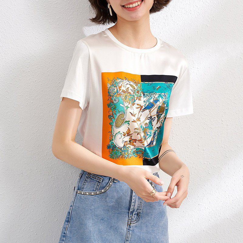欧昵雪夏季ins套头圆领拼接真丝印花T恤女小众桑蚕丝上衣