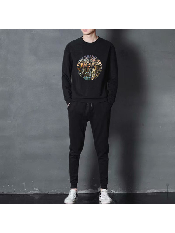 新款男士休闲套装春秋韩版帅气潮流时尚运动印花衣服 纽约黑长袖+纯黑裤 4XL