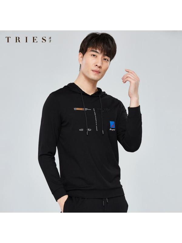 才子男装连帽卫衣男士2020春季新款休闲刺绣印花简约黑色带帽上衣