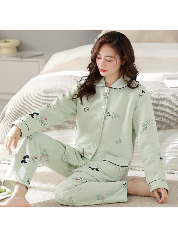 空气棉睡衣女秋冬加厚棉质长袖保暖套装开衫大码秋冬季夹层家居服