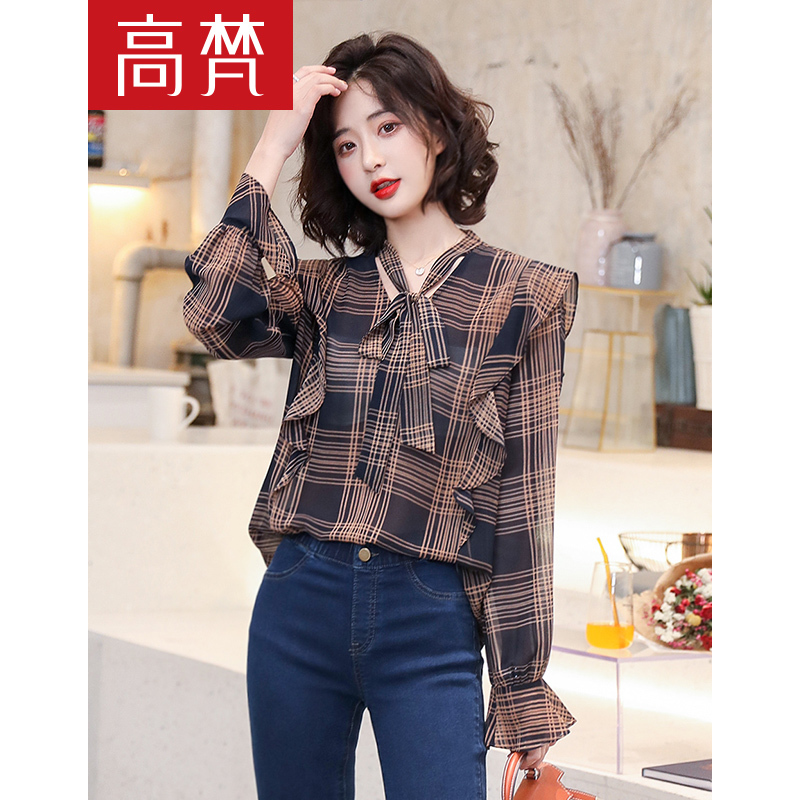 高梵衬衫女2020春季新款长袖荷叶边蝴蝶结设计感上衣气质格子衬衫