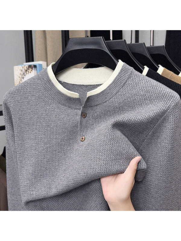 秋冬季新款假两件圆领毛衣男时尚青年加厚保暖打底男士针织衫