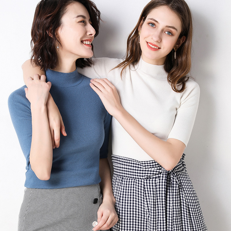 白色T恤女春装新款韩版半袖纯色修身中袖上衣内搭5分袖针织衫
