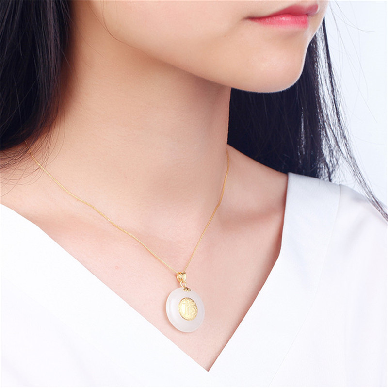 欧慕珠宝18k金肖邦链女士锁骨链上等和田玉镶嵌足金平安扣吊坠项链