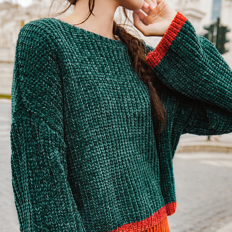 茵曼秋季新款女装圆领宽松休闲插肩袖套头毛衣针织百搭上衣