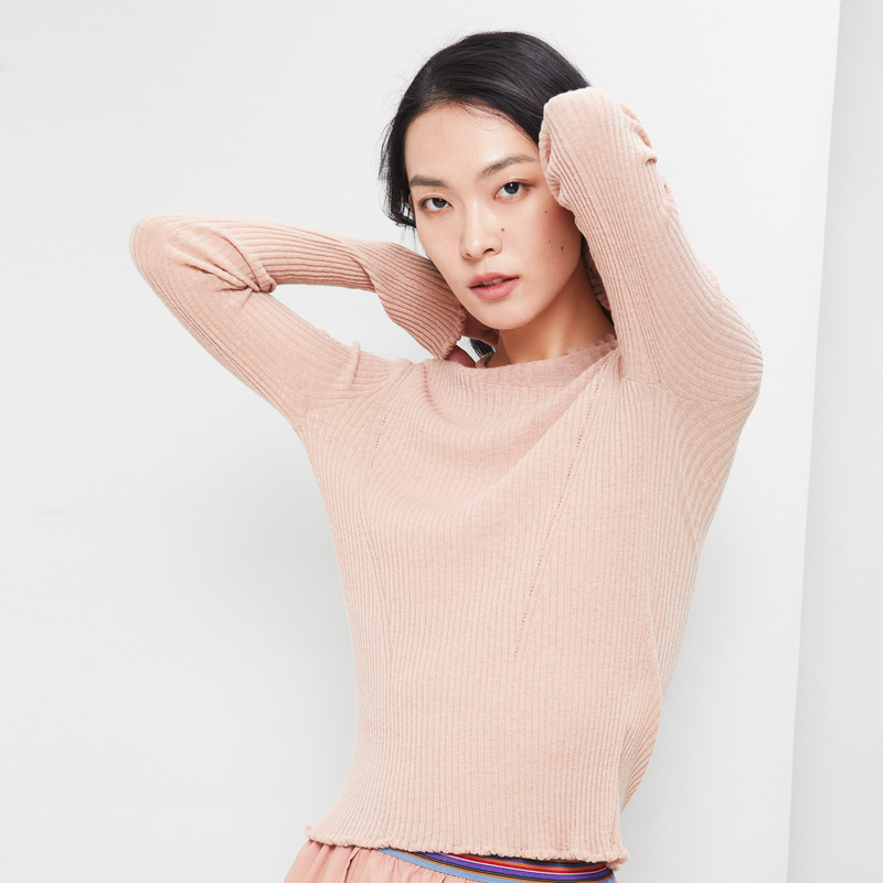 鄂尔多斯ERDOS 圆领抽条纯色百搭长袖套衫简约舒适女士针织衫/毛衣