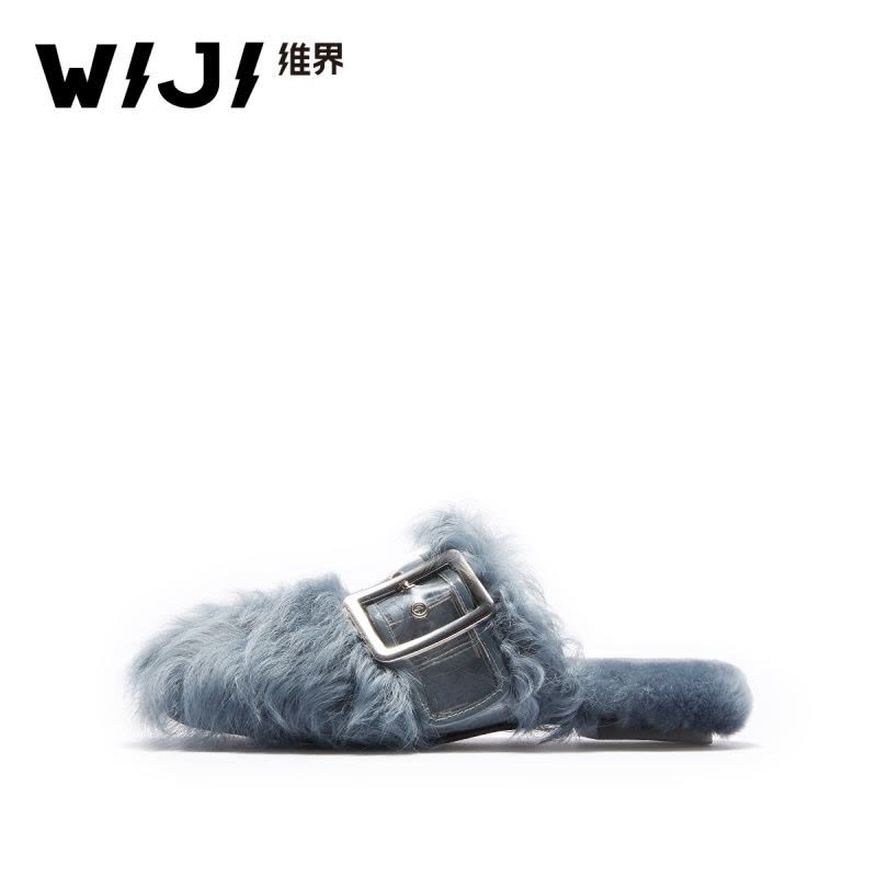 WIJI2018秋冬新款时髦潮流女单鞋休闲舒适羊卷毛金属环扣平底女鞋图片