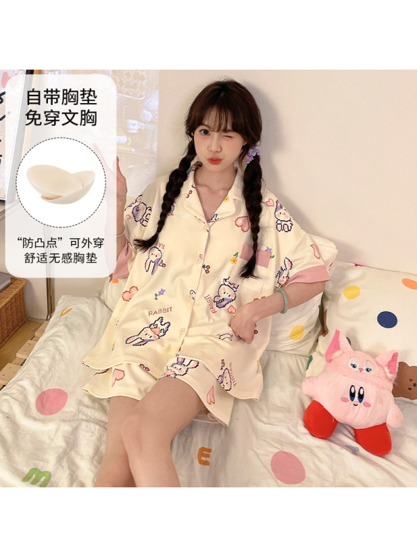 带胸垫夏季女仿棉开衫短袖宽松加大码翻领韩版卡通休闲家居服套装
