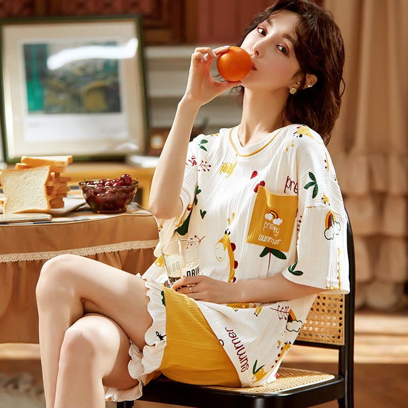 睡衣女士夏季棉质短袖薄款两件套装大码韩版年新款夏天家居服图片