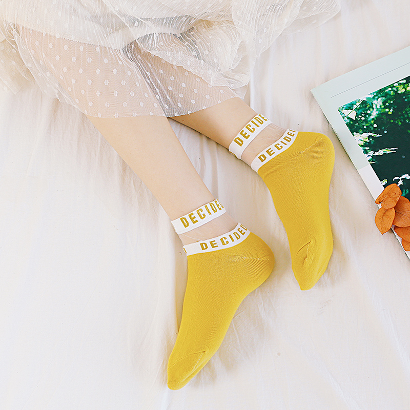 恒源祥袜子女水晶袜浅口网红糖果色玻璃丝袜夏季薄款日系字母短袜