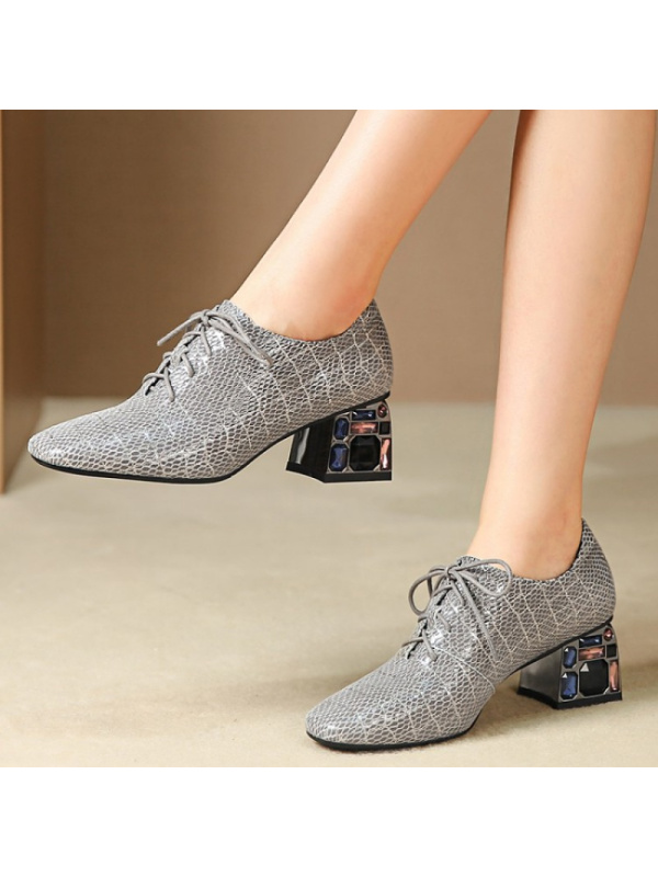 格瑞迪欧羊皮2019新款秋鞋单鞋中跟水钻粗跟真皮冬季鞋英伦小皮鞋女123-3