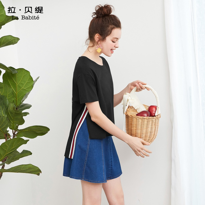 拉夏贝尔网红T恤女潮新款季前短后长小清新学生宽松纯棉圆领短袖