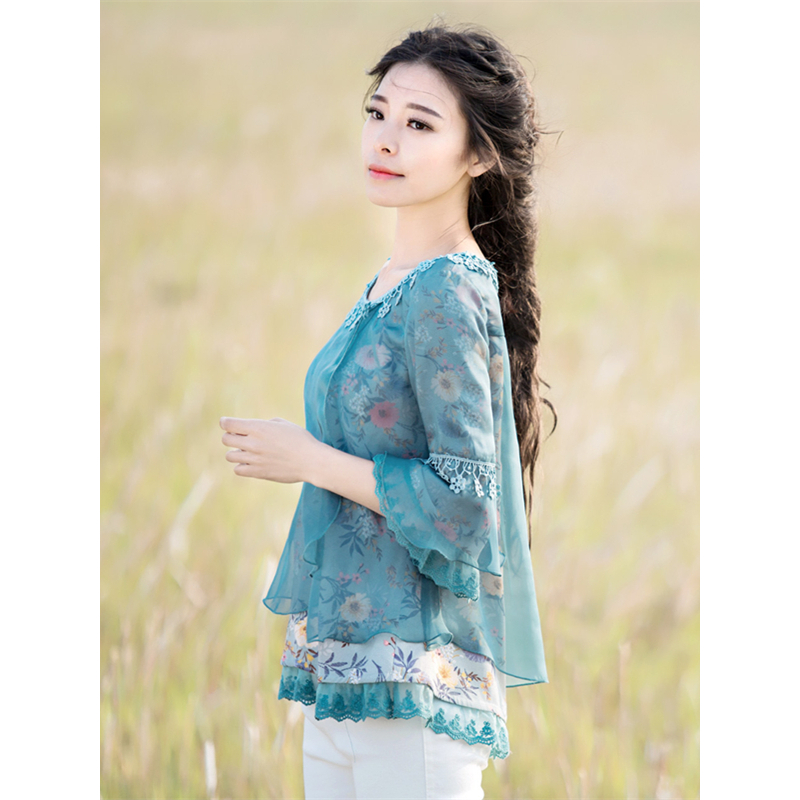 烟花烫2018秋季新款女装套头短款流苏T恤印花雪纺衫上衣 若曦27005901