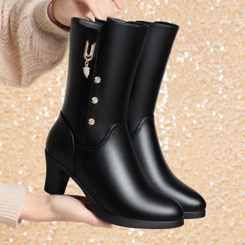 中筒靴子冬季新款舒适软底高跟女靴子加绒保暖中老年女士棉靴皮鞋图片